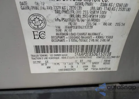 2013 Ford Taurus Sel из США, поврежденный, VIN 1FAHP2E85DG153128